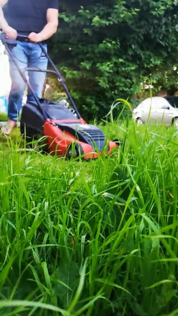 Rasenmäher Auf Grünem Rasen Ein Mann Unsicheren Schuhen Mäht Einen — Stockvideo