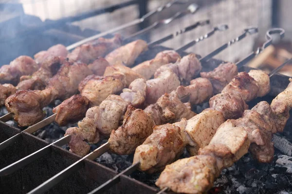 Bir Adam Ateşte Pişirir Eller Barbekü Yakın Çekim Domuz Budu — Stok fotoğraf