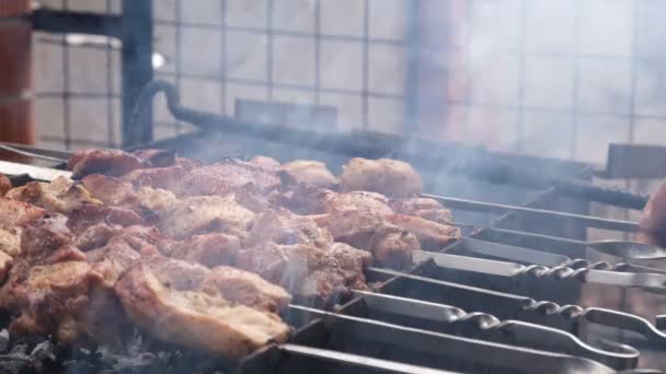 Prăjeşte Carnea Foc Aproape Mâini Grătar Gât Porc Grătar Morcovi — Videoclip de stoc