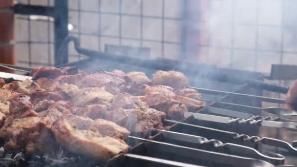 Bir Adam Ateşte Pişirir Eller Barbekü Yakın Çekim Domuz Budu — Stok video