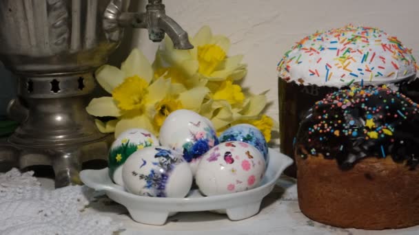 Festive Table Easter Kulich Boiled Eggs Pattern Glass Milk Process — Stock Video