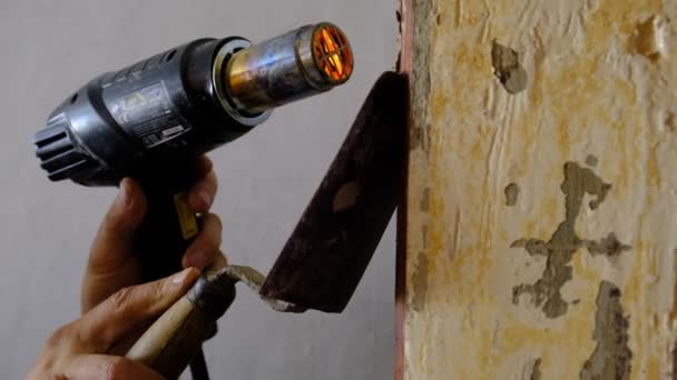 Apparatus Removing Old Paint Building Hair Dryer Progress Repair Work — Stock Video