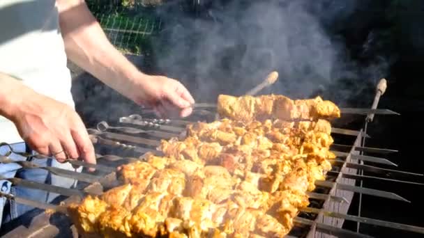 男は火の上で肉を焼く 手と魚のケバブのクローズアップ グリルで豚肉の首を調理します ニンジンのロースト 脂肪質食品 Cis諸国のお祝いの食べ物 5月1日労働日 ビーガンフードじゃない — ストック動画