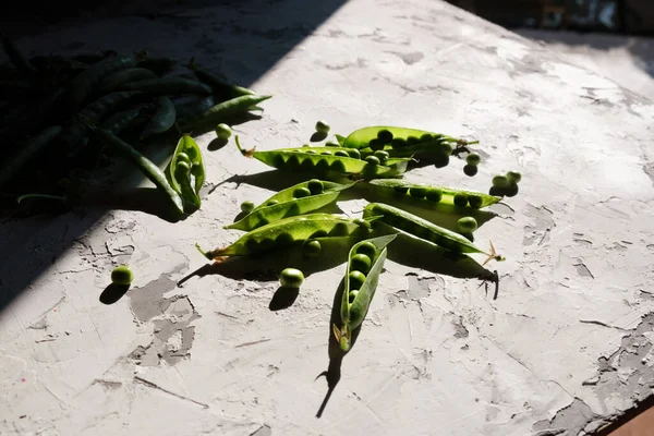 Fresh Green Peas Vicia Many Bean Pods Light Background Flowering — Stockfoto
