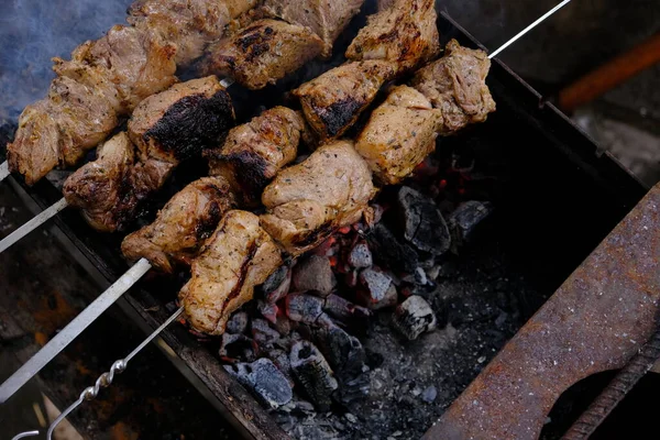 Uomo Arrostisce Carne Fuoco Primo Piano Delle Mani Shish Kebab — Foto Stock