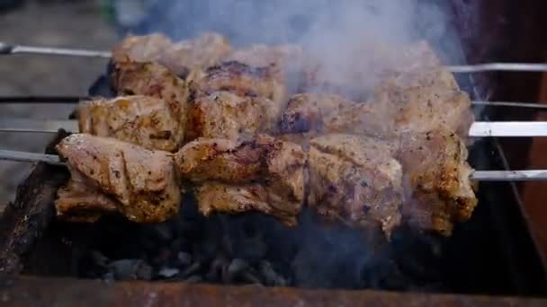 Ein Mann Grillt Fleisch Auf Einem Feuer Hände Großaufnahme Und — Stockvideo