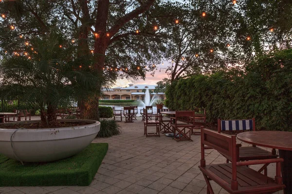 Lumières Lumineuses Suspendues Sur Jardin Caché Coucher Soleil Avec Des — Photo