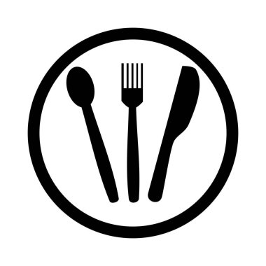 Beyaz arkaplanda yiyecek, içecek, çatal, kaşık, bıçak ve restoran vektör simgesi.