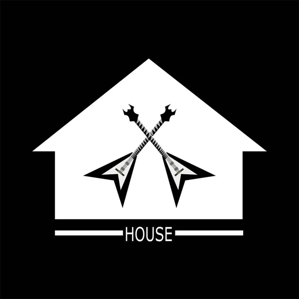 Guitar House Logo Cross Guitar Isolated Black Background — 图库矢量图片