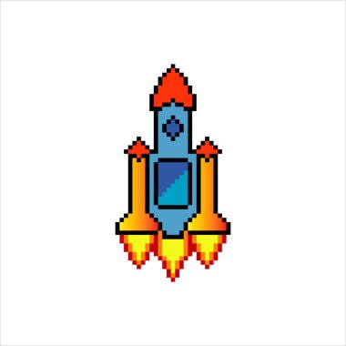 Piksel resimli roket fırlatma. Vektör illüstrasyonu.