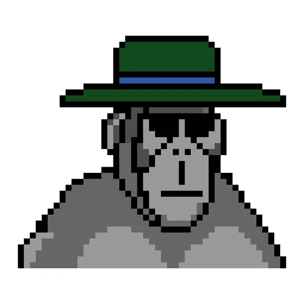 Mignon Gorille Portant Chapeau Avec Pixel Art — Image vectorielle