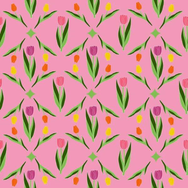 Tulipes motif floral sans couture sur fond rose — Image vectorielle