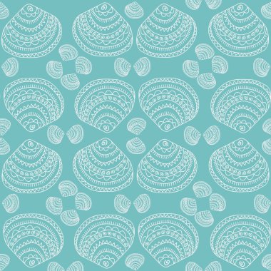 Fıskiyenin mavi arka planına deniz kabukları kusursuz desenler çizer. Yüksek kalite çizim. Tekstil, duvar kağıdı, kumaş ve moda baskısı için mükemmel..