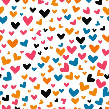 Elle çizilmiş moda renkli kalpler kusursuz desen. Sonsuz romantik baskı. Vektör çizimi. Tekstil, duvar kağıdı ve giysi için mükemmel..