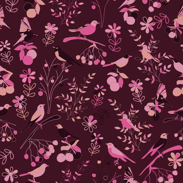 Nahtloses Muster Modestil Mit Blühenden Zweigen Bäumen Und Vögeln Illustration — Stockvektor