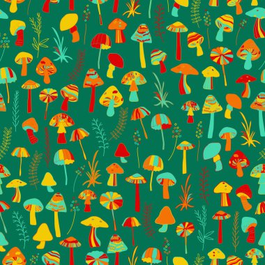Renkli mantarlar dikişsiz desen. Vektör çizimi. Bölüm 10. Tekstil, kumaş, ambalaj ve duvar kağıdı için mükemmel.. 