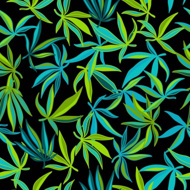 Kenevir sativası iz bırakır. Floresan renkli vektör çizimi. Tekstil, duvar kağıdı, kumaş ve giysi için mükemmel..