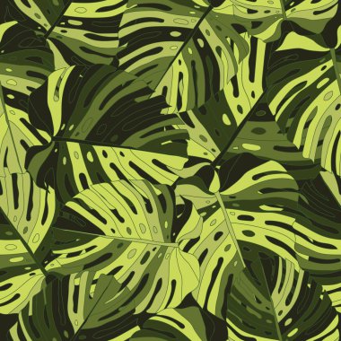 Monstera leaves fashion colored seamless pattern. Abstract foliage illustration. Modern exotic design for textile, interior decor and wallpaper.