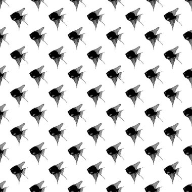 Black and white fishes stylized seamless pattern. Vector illustration. Wild life underwater ocean animals background. 