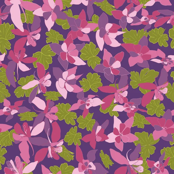 Columbine Flowers Seamless Pattern Hand Drawn Floral Vector Botanical Illustration — Vetor de Stock