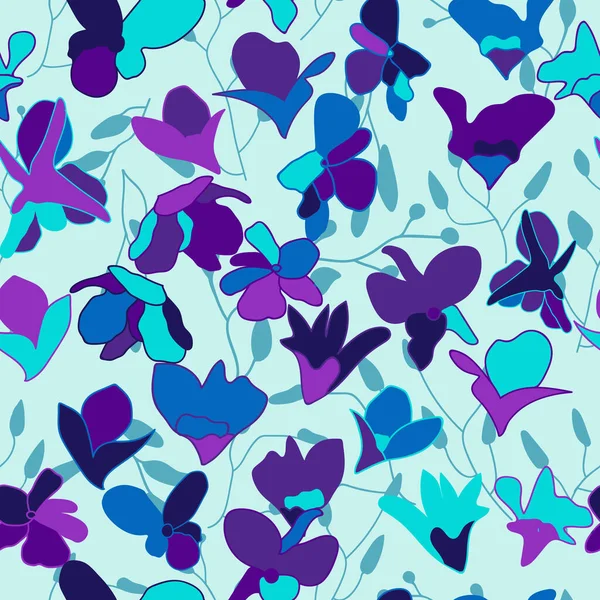 Purple blue orchids flowers seamless pattern. Tropical plants for design, textile, print, wallpapers, wrapping paper. Vector stock illustration.