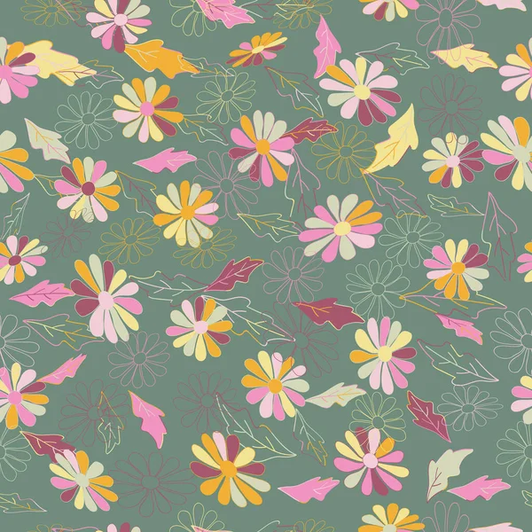 Daisy Flowers Silhouettes Seamless Pattern Vintage Style Background Perfect Bedding — 图库矢量图片