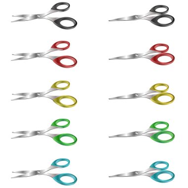 Siyah, kırmızı, sarı, yeşil ve mavi renkli 3D makasın vektör çizimi.