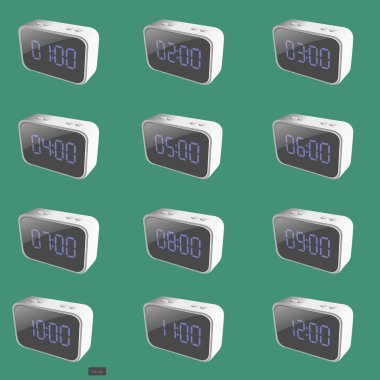 Üç boyutlu dijital saatin 12 farklı zamandaki vektör çizimi. Ticari veya editörel içerik için iyi.