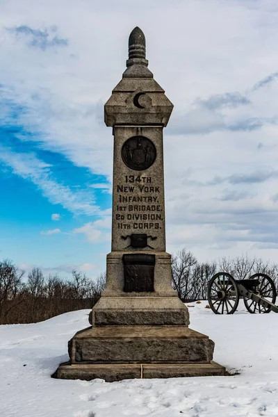Emlékmű 134 New York Gyalogság Télen East Cemetery Hill Gettysburg — Stock Fotó
