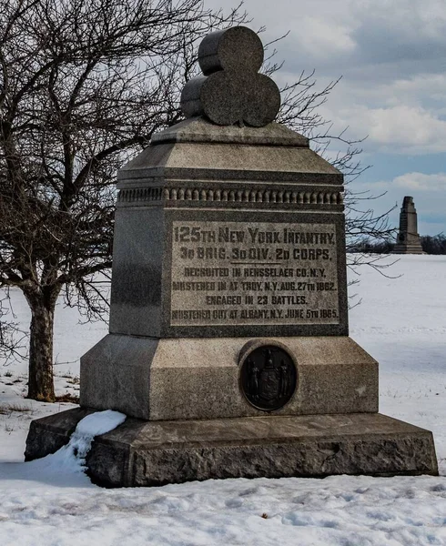 Emlékmű 125 New York Gyalogság Télen Gettysburg Nemzeti Katonai Park — Stock Fotó
