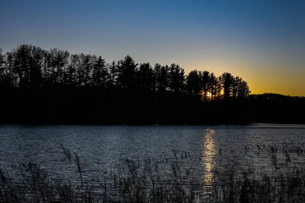 これは2020年3月にペンシルベニア州ヨーク郡ウィリアムズ湖で撮影された晩冬の夕日の写真です — ストック写真