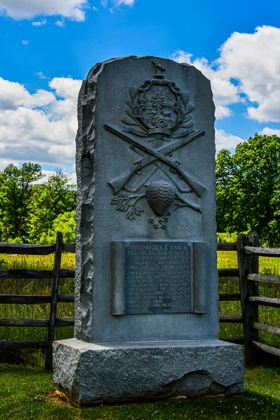 美国宾夕法尼亚州斯莱特德农场葛底斯堡国家军事园附近的美国第二大猎手公司E H的纪念碑照片 — 图库照片