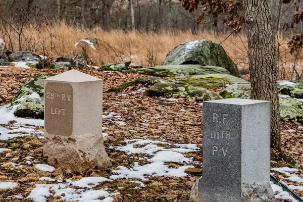 Flank Markers Snow Gettysburg National Military Park Pennsylvania Usa — Stock Photo, Image
