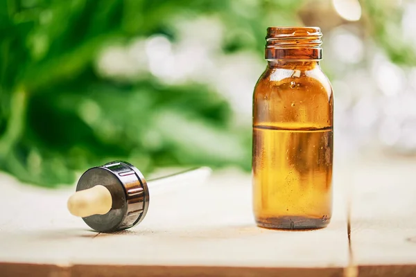 Cannabis Essential Oil Small Bottle Selective Focus Nature — Stock Photo, Image