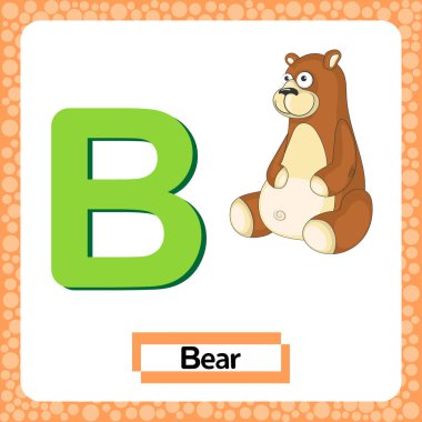 Büyük harf B. Beyaz arka planda izole edilmiş komik ayılı alfabe harfi B. Şirin renkli hayvanat bahçesi ve çizgi film tarzında ABC alfabesi. İngilizce kelime öğrenen çocuklar için eğitim kartı. Vektör