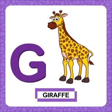 Beyaz arka planda sevimli çizgi film karakteri zürafa olan G harfli büyük harf. Hayvanat bahçesi ve hayvan alfabesi renkli komik bir kart. İngilizce kelime ya da alfabe öğrenen çocuklar için eğitim kartı.