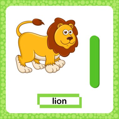 Küçük L harfi beyaz arka planda izole edilmiş şirin çizgi film karakteri Aslan. Eğlenceli renkli bir hafıza kartı hayvanat bahçesi ve hayvanlar alfabesi. İngilizce kelime ve alfabe öğrenen çocuklar için eğitim kartı