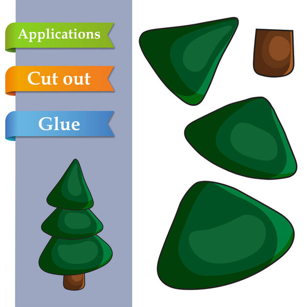 Paper application the cartoon New Year Tree. Use scissors cut parts of christmas Tree and glue on paper. Easy education logic game for kids to help with cutting, sticking and learning about Christmas