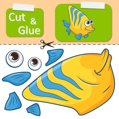 Kağıdı kes ve yapıştır Balık. Çizgi film eğlencesi Kelebek Balığı 'nı yarat. Eğitim bilmecesi eğlence ya da çocuklar için eğlence. Çocukların mantık oyunu, aktiviteler yap-boz. Okul öncesi çalışma tablosu etkinliği