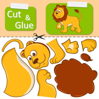 Dişi aslanı kes ve yapıştır. Çizgi film eğlence aslanı uygulaması yarat. Eğitim bilmecesi eğlence ve çocuklar için eğlence. Çocuklar mantık oyunu ve yapboz aktiviteleri. Okul öncesi çalışma tablosu etkinliği
