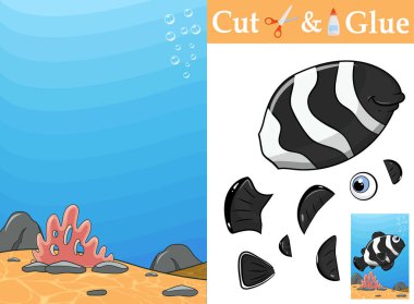 Örnek olarak şirin Palyaço Balığı 'nı yarat. Renkli arkaplanda resim ve yapıştırıcının parçalarını kes. Çalışma tablosu aktivitesi pratik için mükemmel motor planlaması, sıralama, kesme, yapıştırma