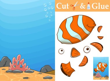 Örnek olarak kullanışlı şirin deniz balığını oluşturun. Renkli arkaplanda resim ve yapıştırıcının parçalarını kes. Çalışma tablosu çalışma becerileri için mükemmel motor planlama, sıralama, kesme, yapışma