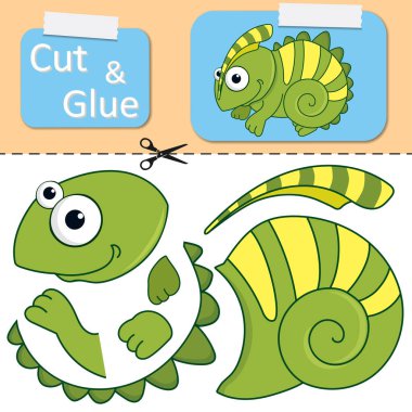 Kağıt bukalemunu kes ve yapıştır. Çizgi film eğlence kertenkelesi uygula. Eğitim bilmecesi eğlence ve çocuklar için eğlence. Çocuk mantığı oyunu, yapboz aktiviteleri. Okul öncesi çalışma tablosu etkinliği