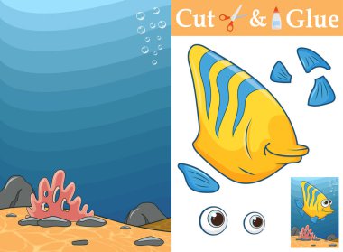 Örnek olarak kullanışlı şirin Okyanus Balığı oluştur. Renkli arkaplanda resim ve yapıştırıcının parçalarını kes. Çalışma tablosu aktivitesi pratik için mükemmel motor planlaması, sıralama, kesme, yapıştırma