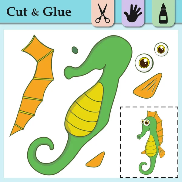 Papierspiel Für Kinder Erstellen Sie Die Applikation Niedlich Seepferdchen Schneiden — Stockvektor