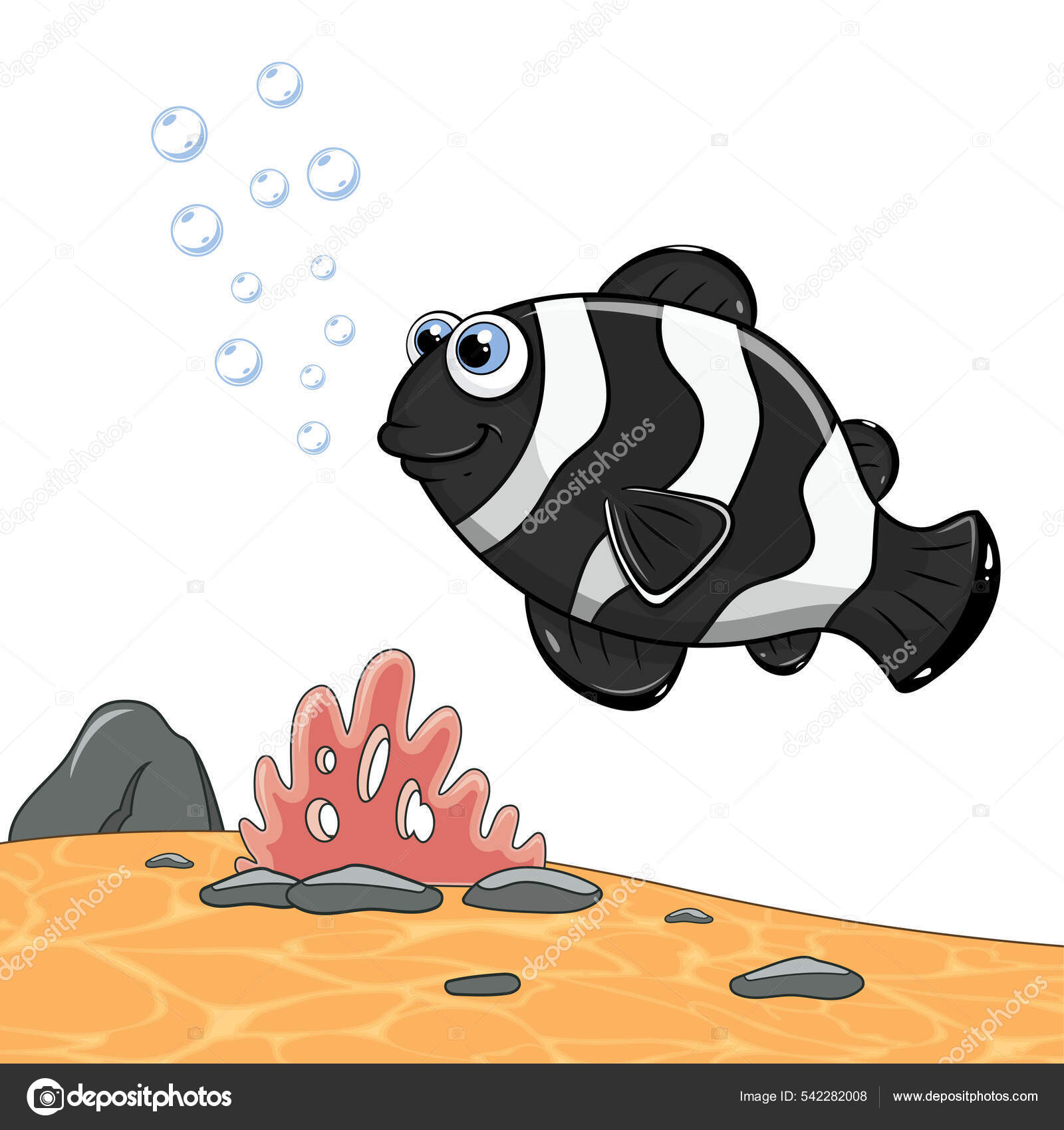 Морские Рыбы Плавают Пускают Пузырьки Карикатурная Черная Рыба.