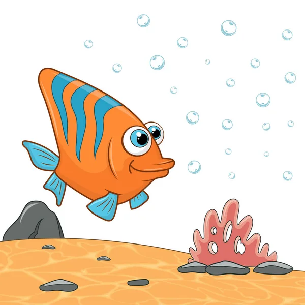 漫画のキャラクター蝶の魚の海の風景に隔離された 砂やカラフルな魚の植物と海の水中世界 かわいい熱帯水生生物のテンプレート 漫画風のベクトルデザイン — ストックベクタ