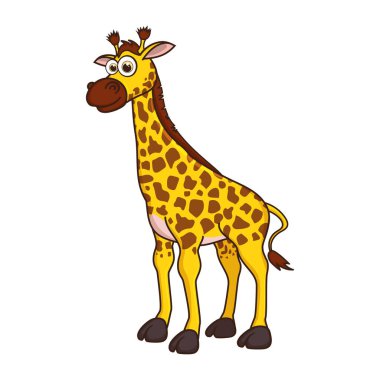 Zürafa. Beyaz arka planda izole edilmiş şirin genç zürafa. Hayvanat bahçesi çizgi film karakteri. Hayvanları öğrenen çocuklar için eğitim kartı. Çocuklar için Mantık Oyunları. Çizgi film tarzında vektör illüstrasyonu