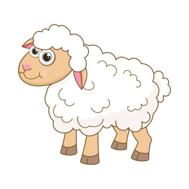 Genç Koyun. Çizgi film karakteri Lamb beyaz arka planda izole edildi. Şirin çiftlik hayvanı şablonu. Hayvanları öğrenen çocuklar için eğitim kartı. Dekorasyon ve tasarım için uygun. Çizgi film tarzında vektör