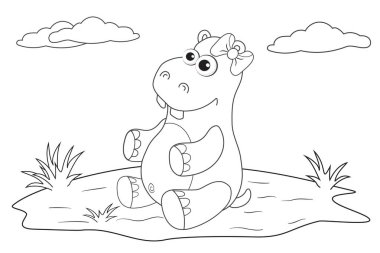 Hippo çizgi filminin çimenlikteki ana hatlarını boyuyorum. Çocuklar için komik kız boyama kitabı için sayfa. Şirin hayvanların hareketsiz ve renksiz bir resmi. Çocuk için stres önleyici çağrı. Siyah-beyaz vektör çizimi
